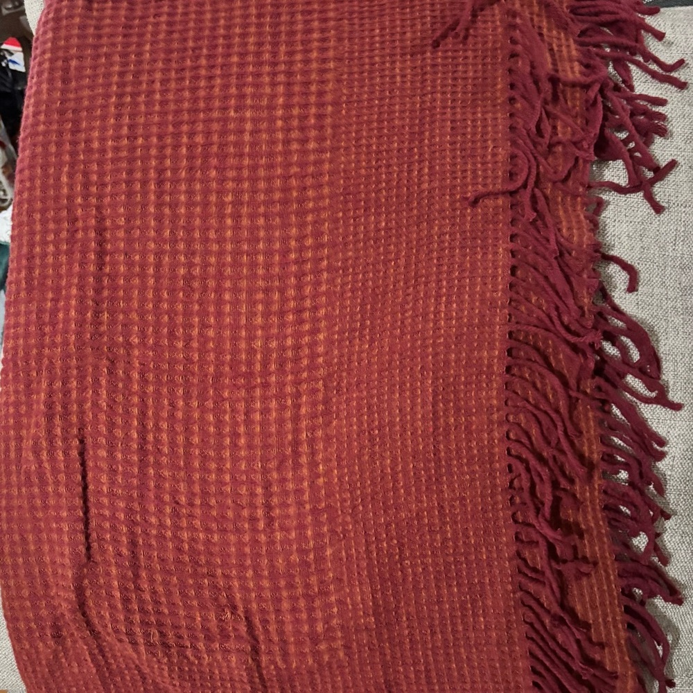 Rust Red Waffle Knit Throw Blanket with Fringe Made in Italy